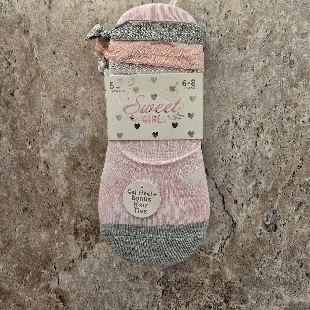 Sweet Girl Girls Ankle Socks Size 6-8 (5 Pairs) Gel Heels + Bonus Hair Ties